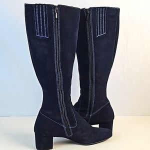 Boden Navy Blue Suede Leather Retro Side Zip Square Toe Block Heel Tall Boot